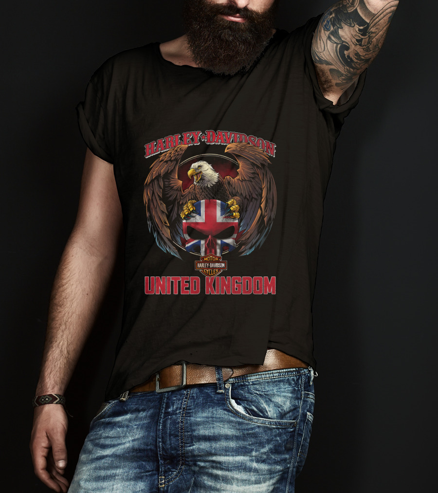 Harley Davidson Motor Cycles United Kingdom Eagle And Union Jack Skull T-Shirt
