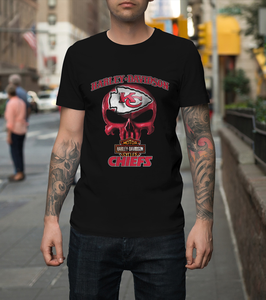 Harley Davidson Kansas City Chiefs Skull Hl Nfl Motor Cycles T-Shirt