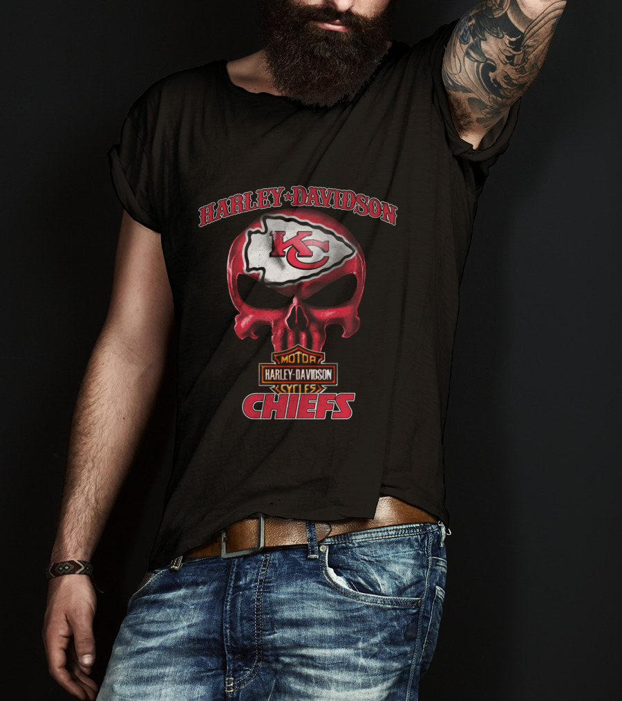 Harley Davidson Kansas City Chiefs Skull Hl Nfl Motor Cycles T-Shirt
