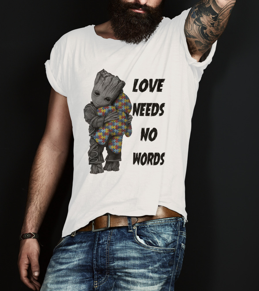 Love Needs No Words Groot Hugging Puzzle Piece Autism Awareness T-Shirt
