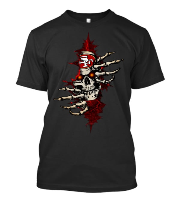 Skull With 49ers Logo And Skeleton Hands T-Shirt
