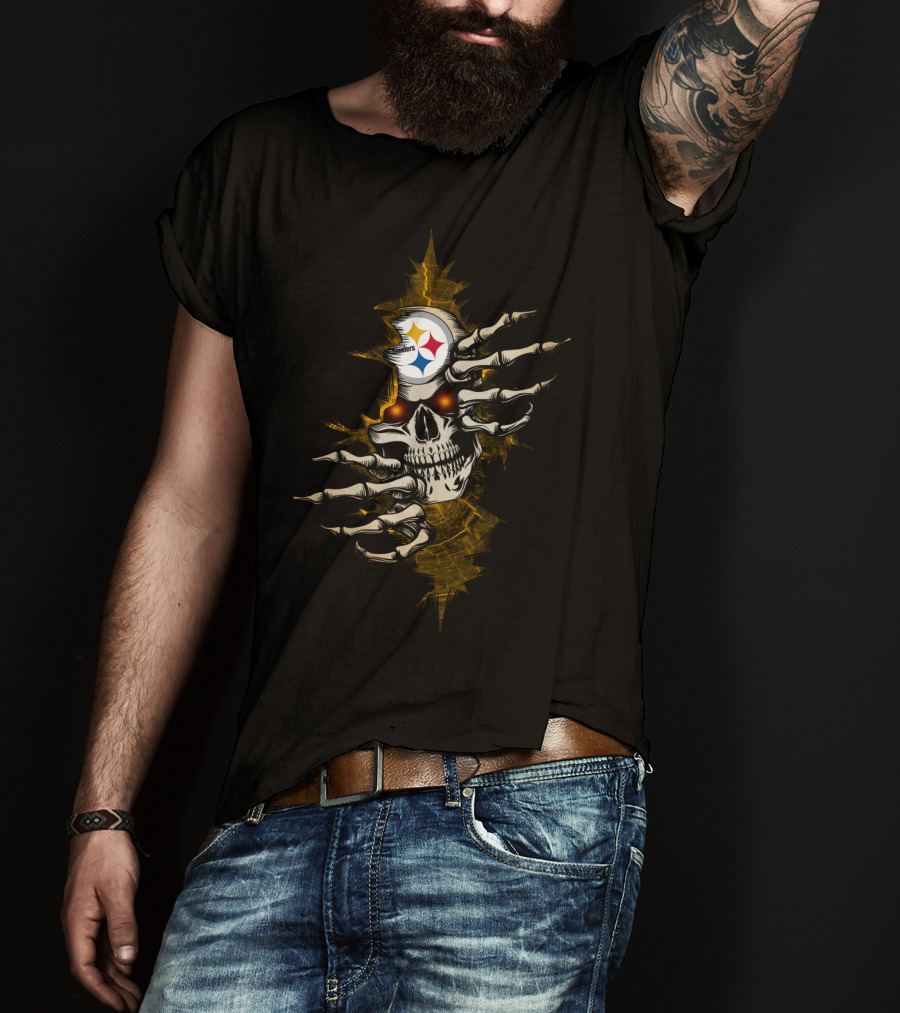 Skull Steelers Creepy Hand And NFL Team Logo Skull T-Shirt