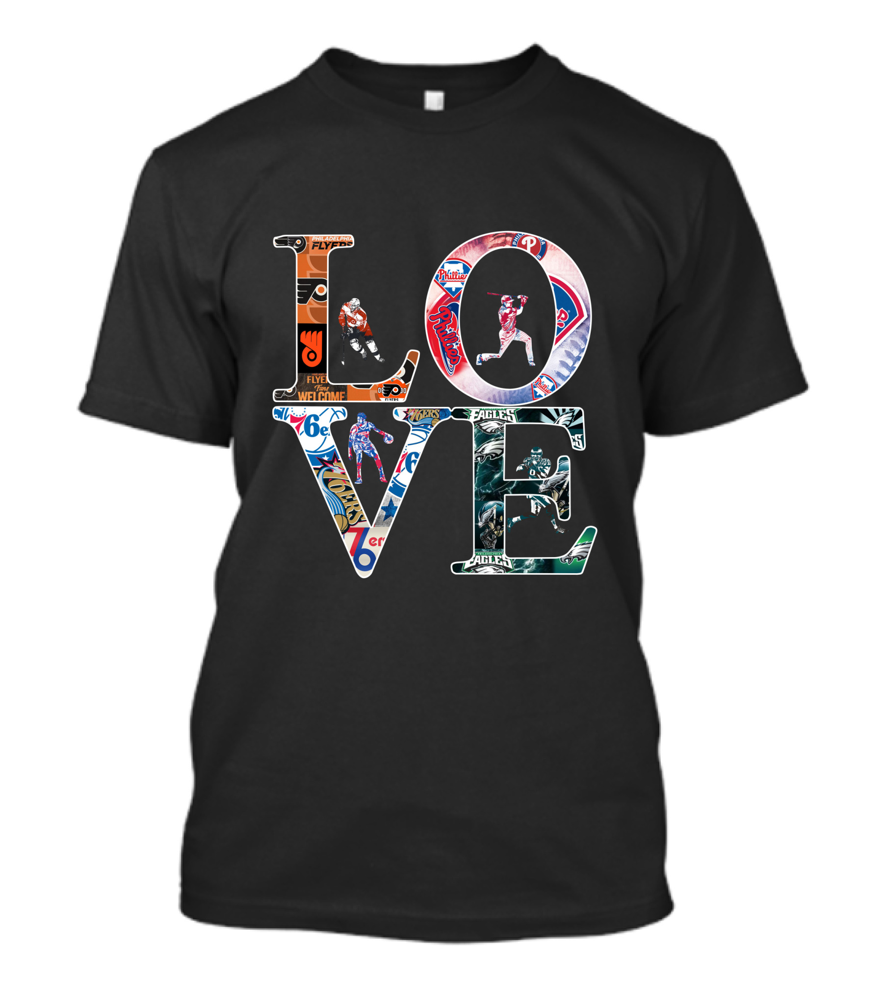 LOVE Philadelphia Sports Logos Flyers Phillies 76ers Eagles T-Shirt