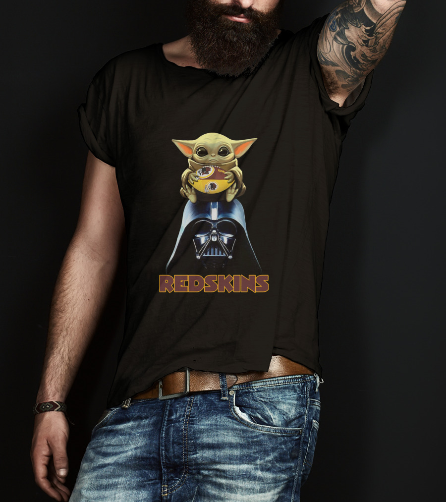 Redskins Baby Yoda Holding Football On Darth Vader Helmet T-Shirt