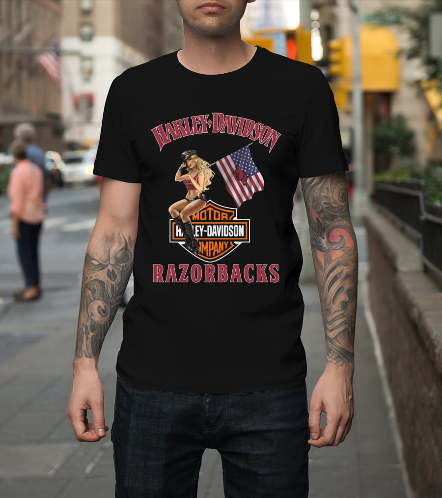 Harley Davidson Razorbacks American Flag T-Shirt
