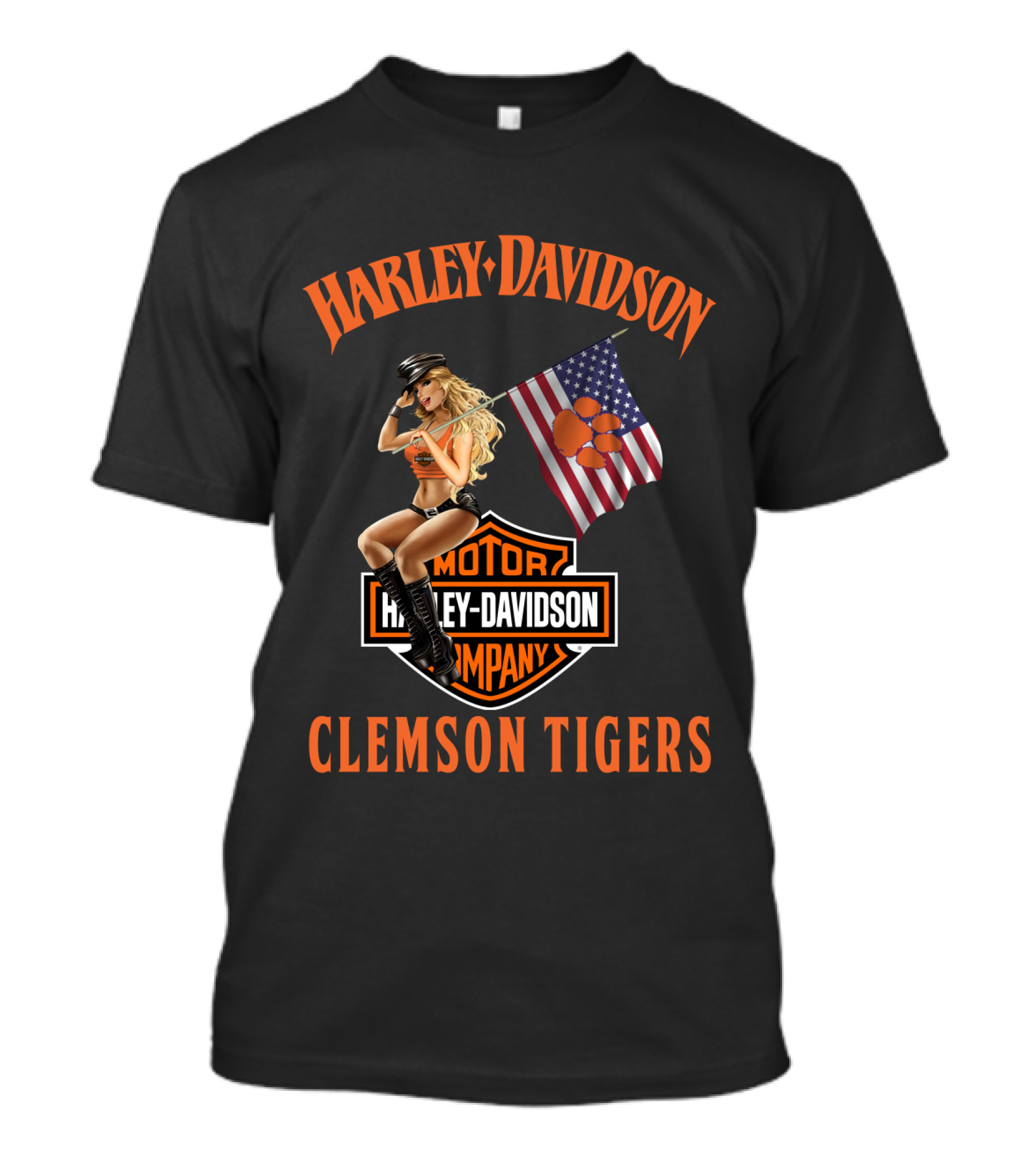Harley Davidson Clemson Tigers American Flag Pin-Up Model T-Shirt