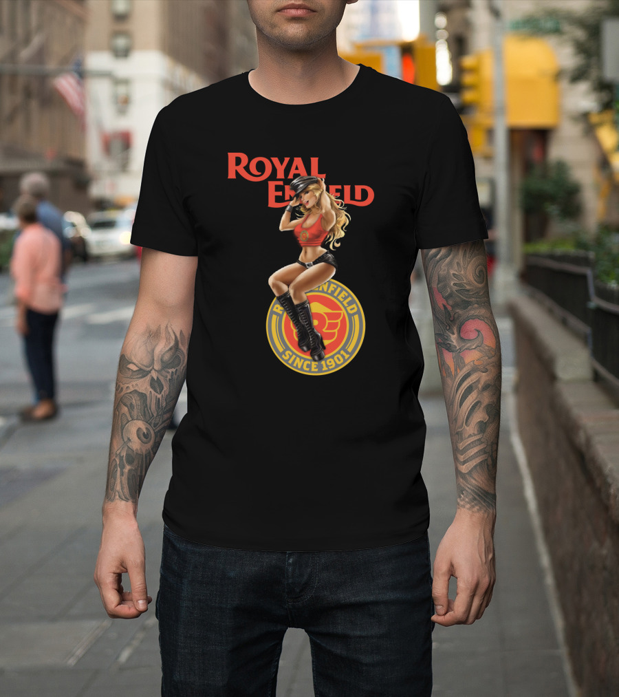 Royal Enfield Since 1901 With Pin-Up Girl In Red Top T-Shirt