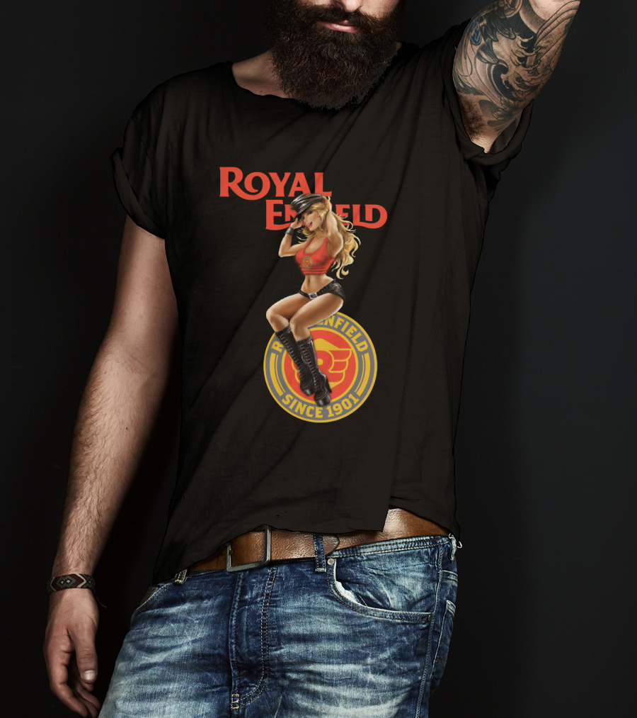 Royal Enfield Since 1901 With Pin-Up Girl In Red Top T-Shirt