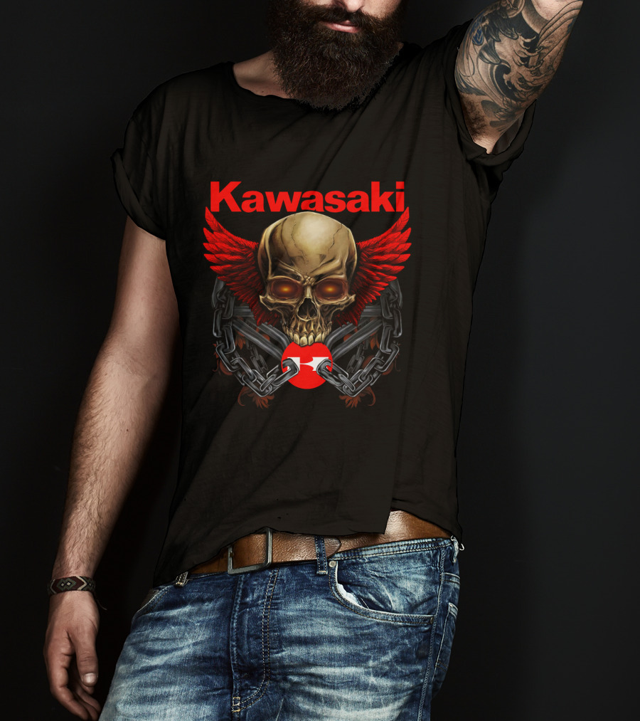 Kawasaki Red Winged Skull And Chains T-Shirt