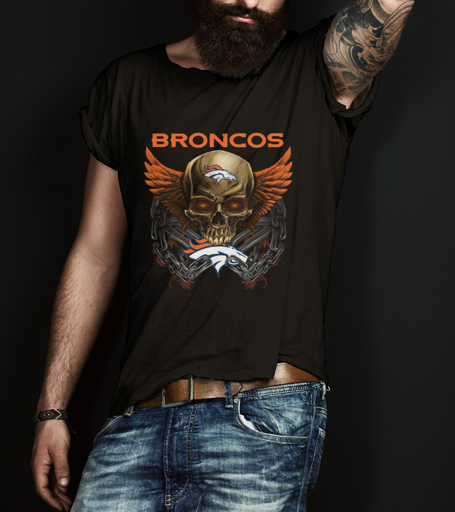 Broncos Skull Winged Logo With Chain And Horsehead T-Shirt