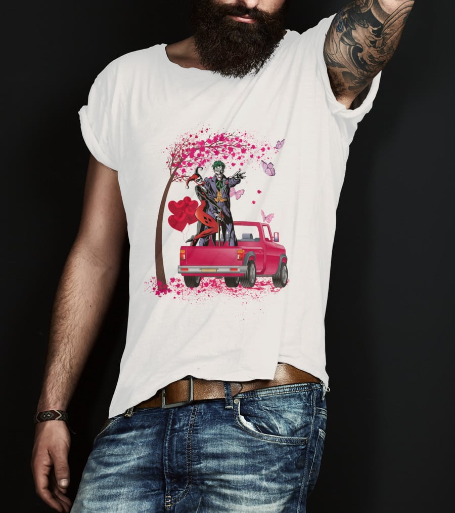 Harley Quinn And Joker Standing On Red Truck With Hearts And Butterflies T-Shirt