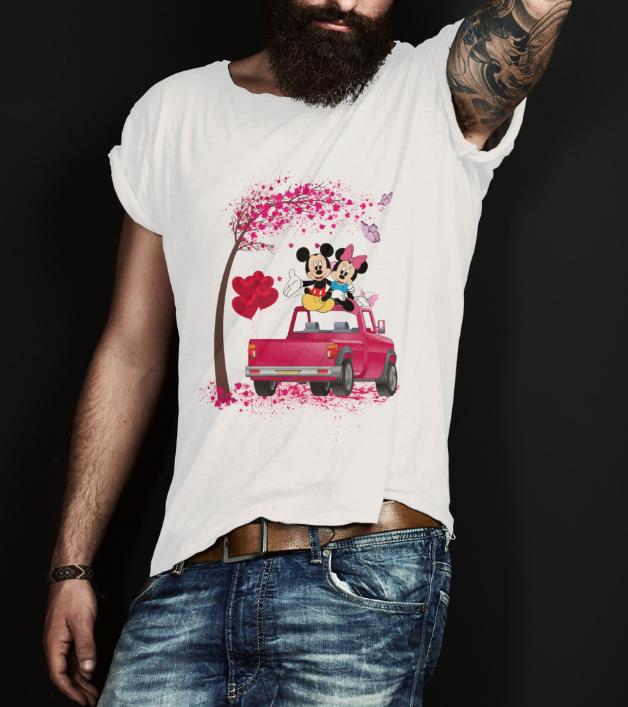 Mickey Minnie Mouse Red Truck Pink Heart Balloons T-Shirt