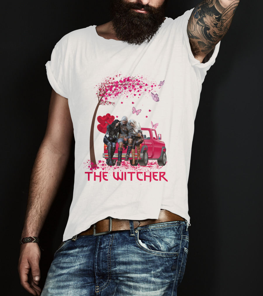 The Witcher Geralt Yennefer Ciri Pink Truck Hearts Butterflies Tree T-Shirt