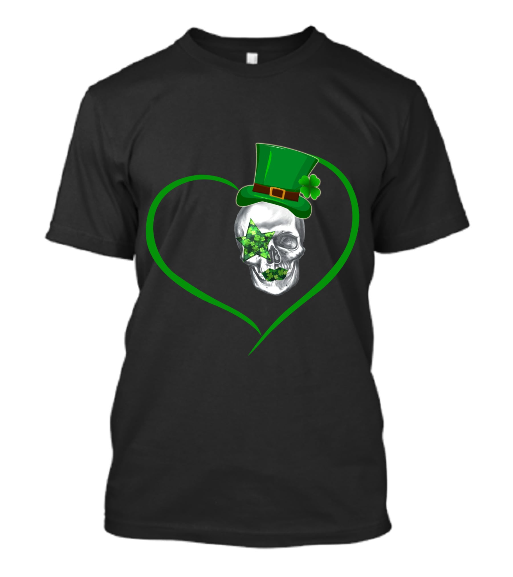 Kiss 02 Skull With Shamrock Star And Green Top Hat Inside Heart Shape T-Shirt