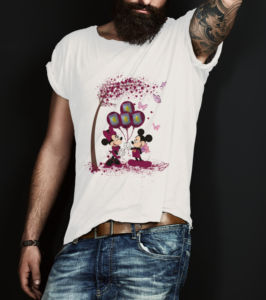 Aston Villa AVFC Balloons With Mickey And Minnie Under Cherry Blossom Tree T-Shirt