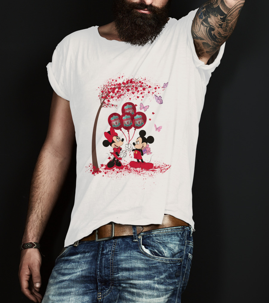 Mickey Minnie Holding Liverpool FC Balloons Under Blossoming Tree With Butterflies T-Shirt