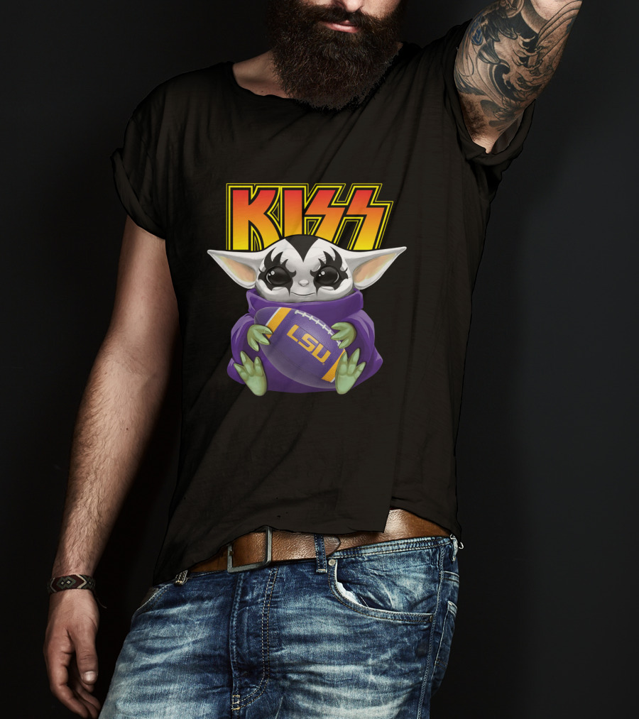 KISS Baby Yoda Holding LSU Tigers Football T-Shirt