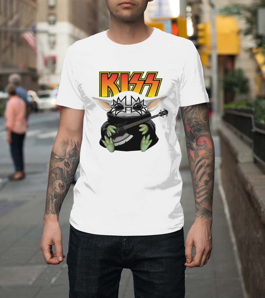 KISS Baby Yoda With Guitar In Tommy Thayer Makeup T-Shirt