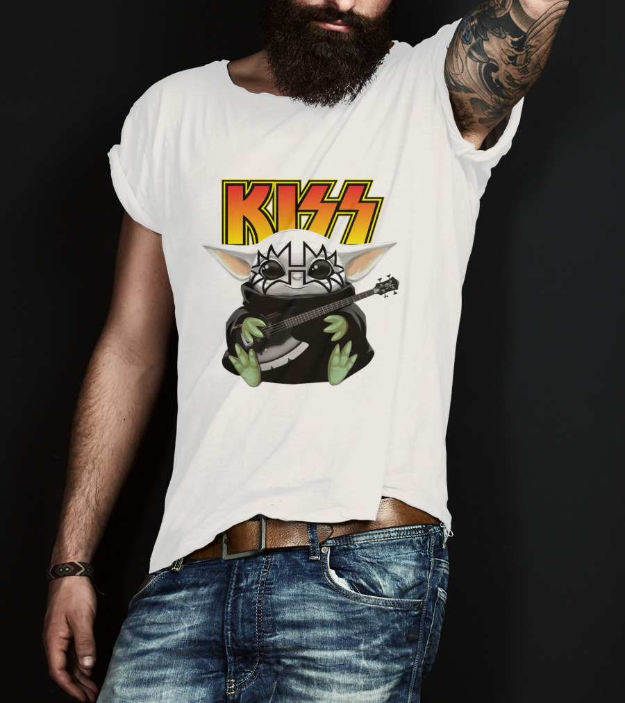 KISS Baby Yoda With Guitar In Tommy Thayer Makeup T-Shirt