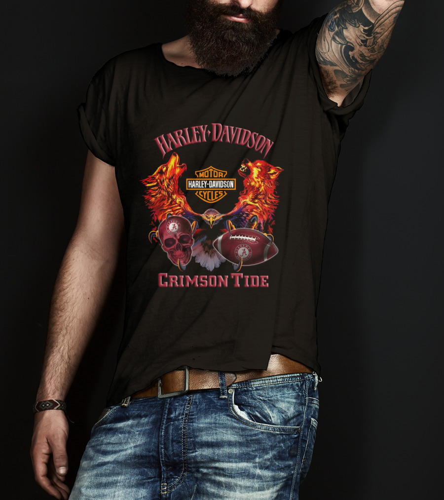 Harley Davidson Crimson Tide Motorcycle Alabama Football Wolves Eagle Skull T-Shirt