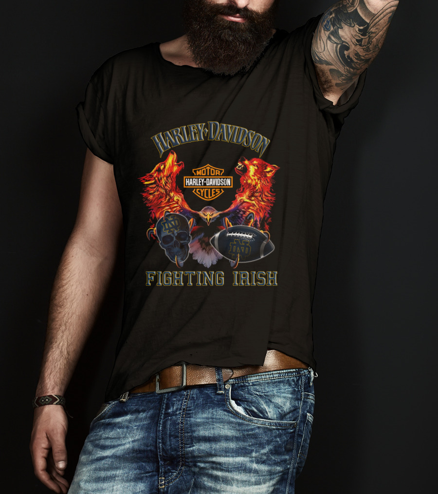 Harley Davidson Notre Dame Fighting Irish Football And Motorcycle Skulls With Eagles And Wolves T-Shirt