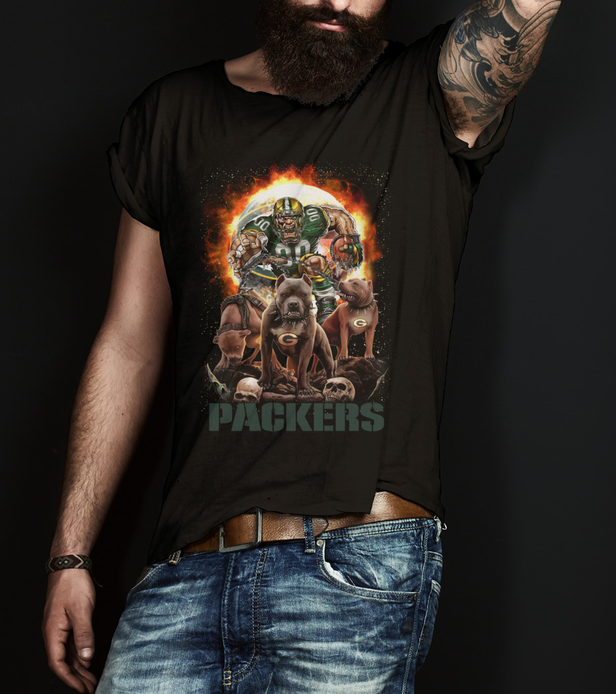 Packers Fierce Football Warrior With Dogs And Flaming T-Shirt