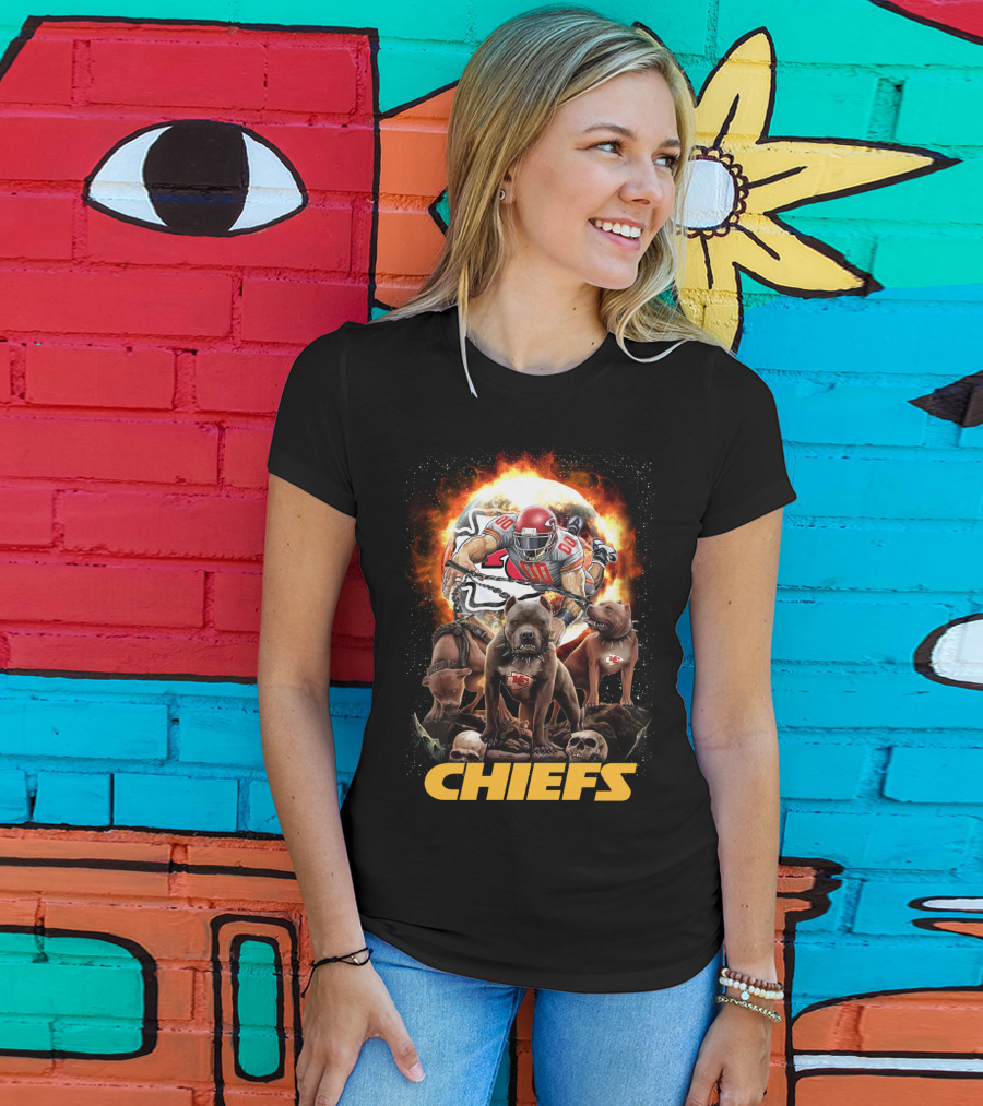 Chiefs Football Player With Dogs And Fiery T-Shirt