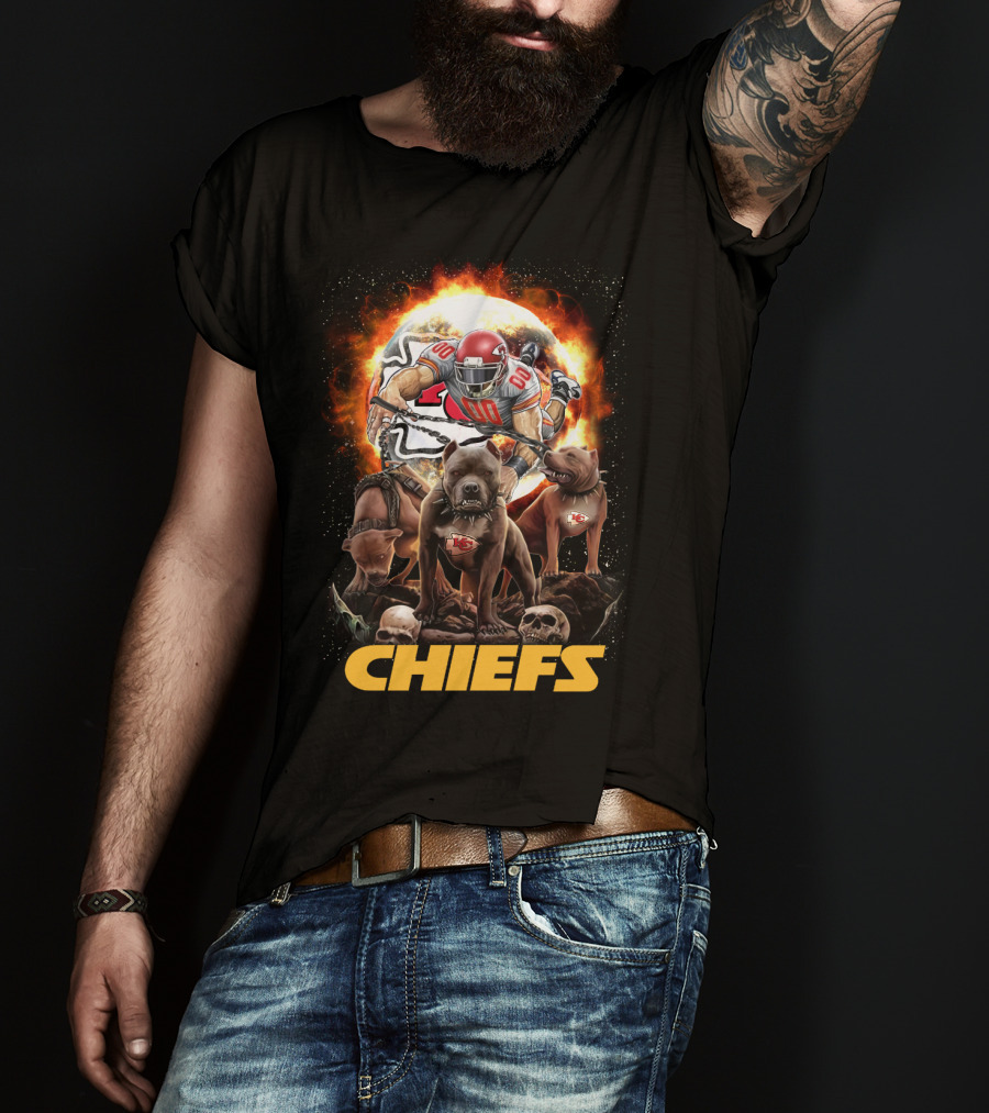 Chiefs Football Player With Dogs And Fiery T-Shirt