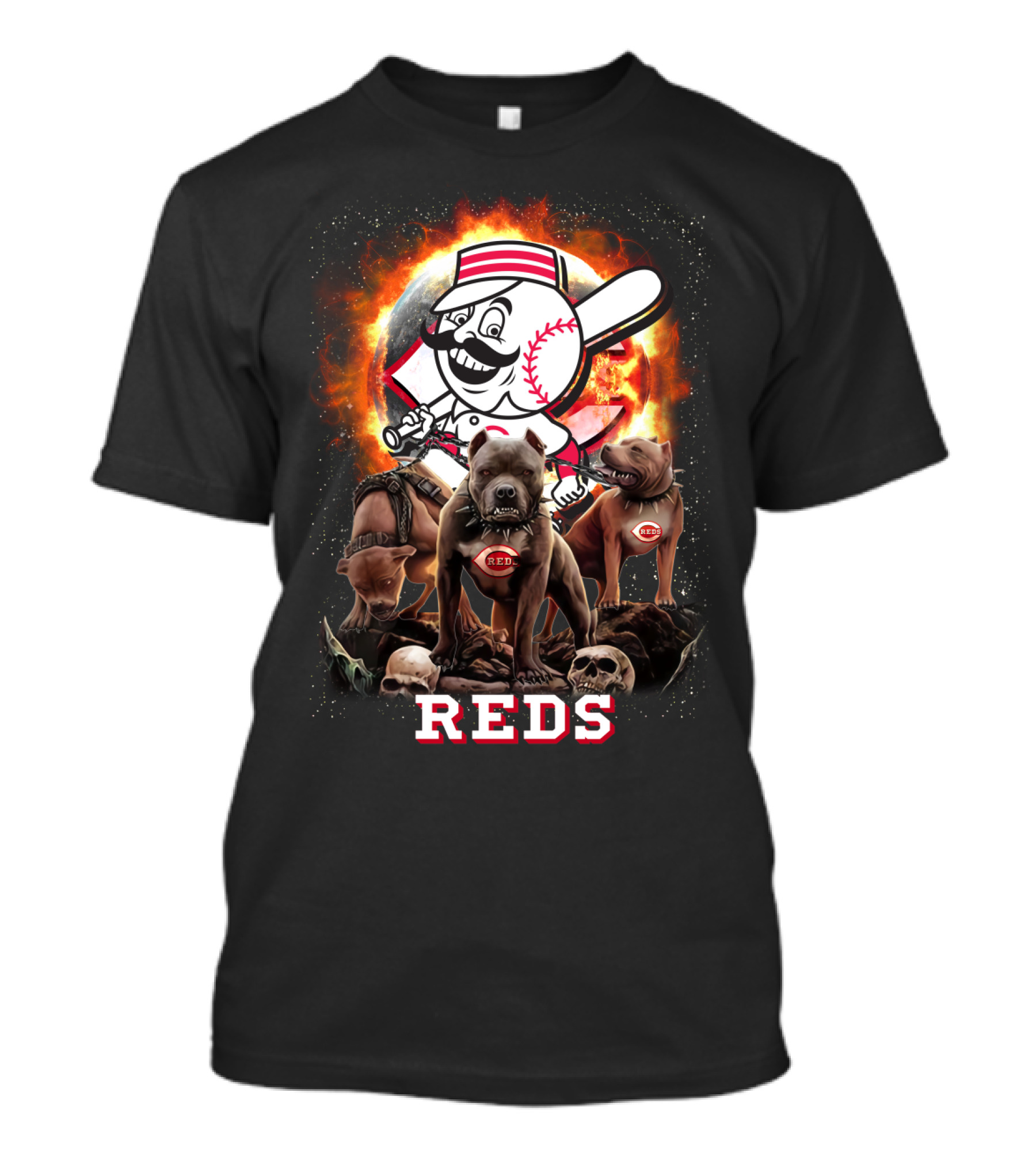 Cincinnati Reds Logo With Fierce Dogs And Skulls T-Shirt