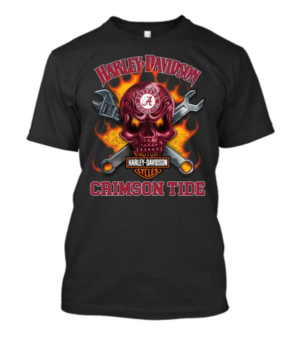 Harley Davidson Alabama Crimson Tide Skull With Wrenches And Flames T-Shirt