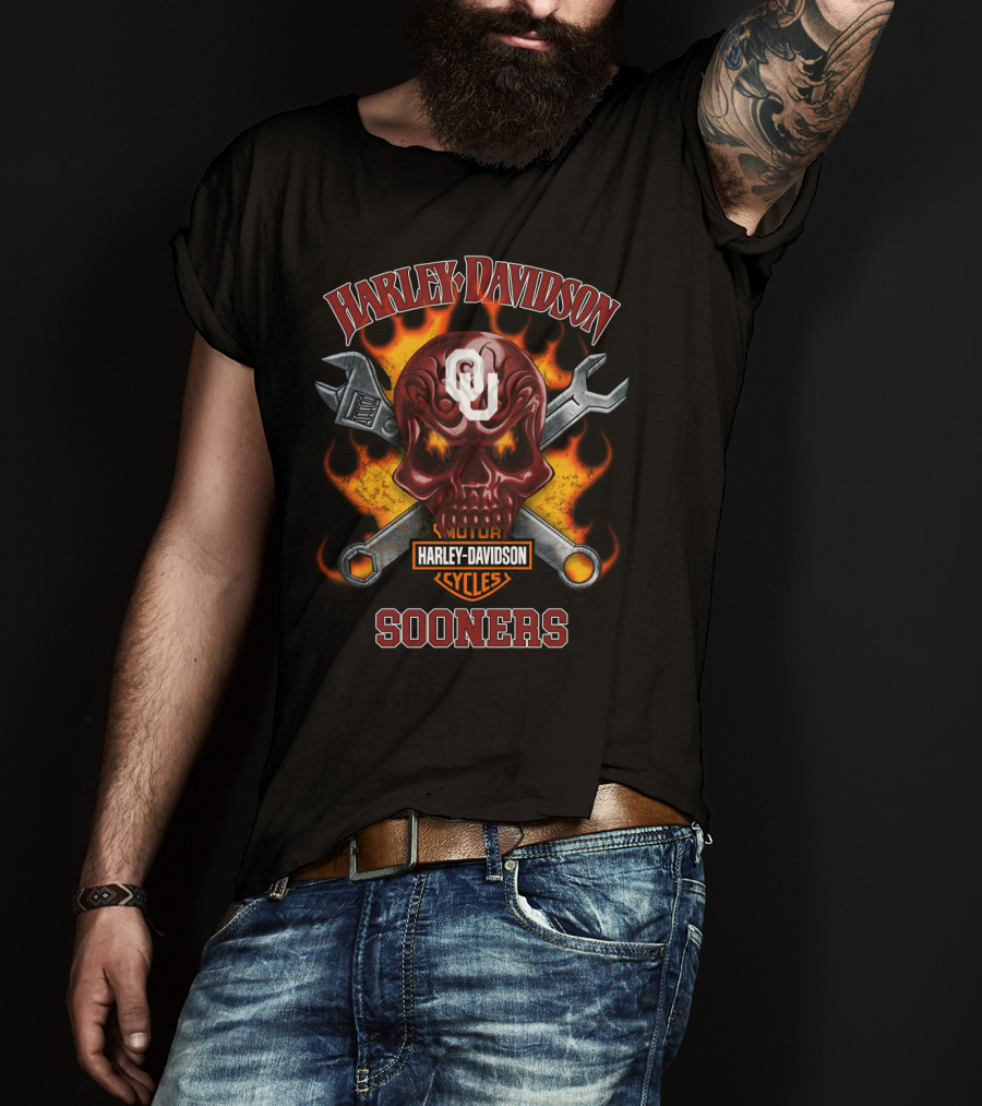 Harley Davidson Motor Cycles Oklahoma Sooners Ou Skull Wrenches Flames T-Shirt