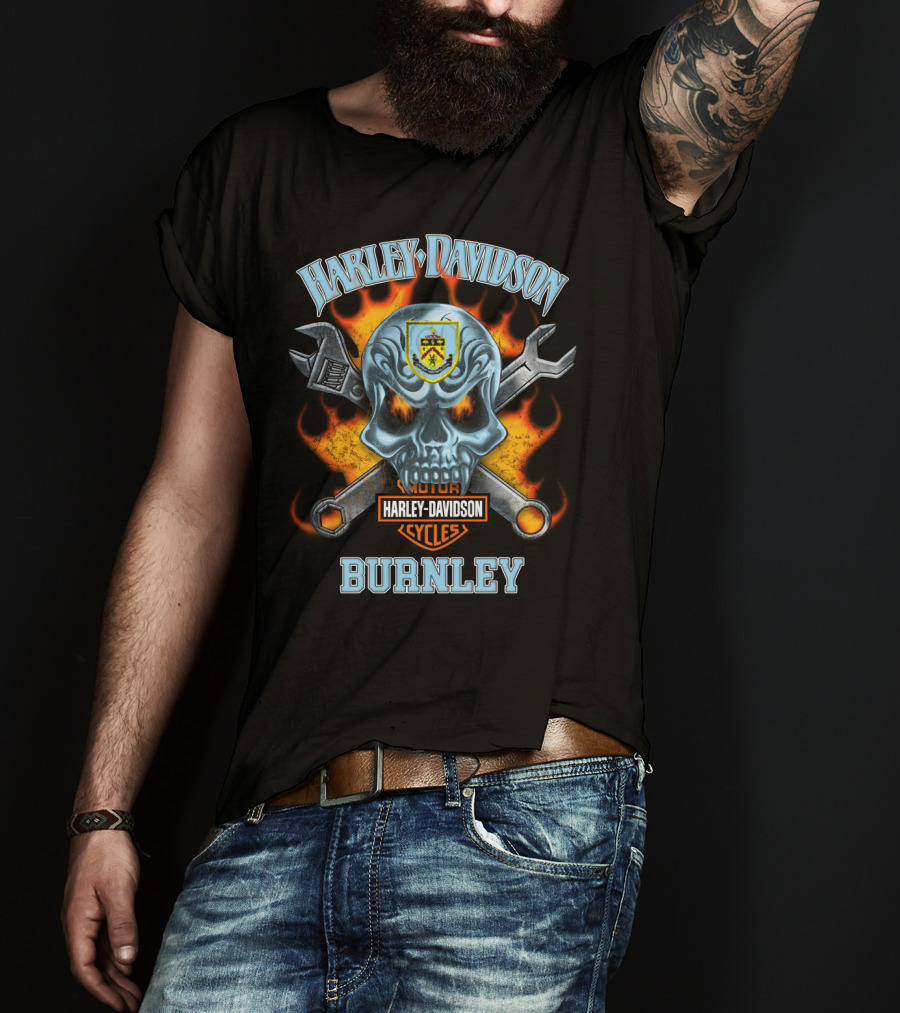 Harley Davidson Motor Cycles Burnley Skull And Tools Flames T-Shirt