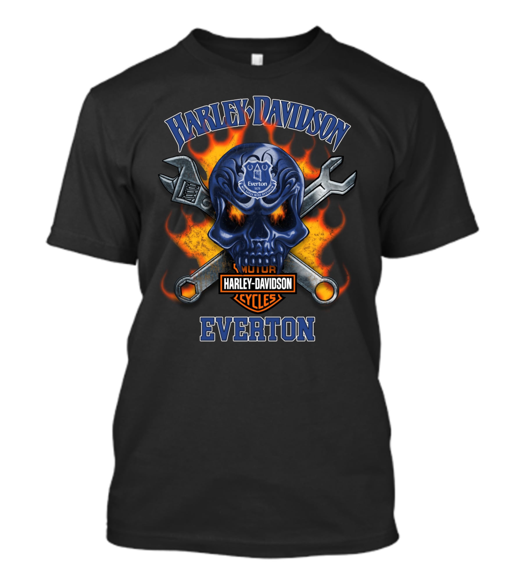 Harley Davidson Motor Cycles Everton Flaming Skull Cross Wrenches T-Shirt