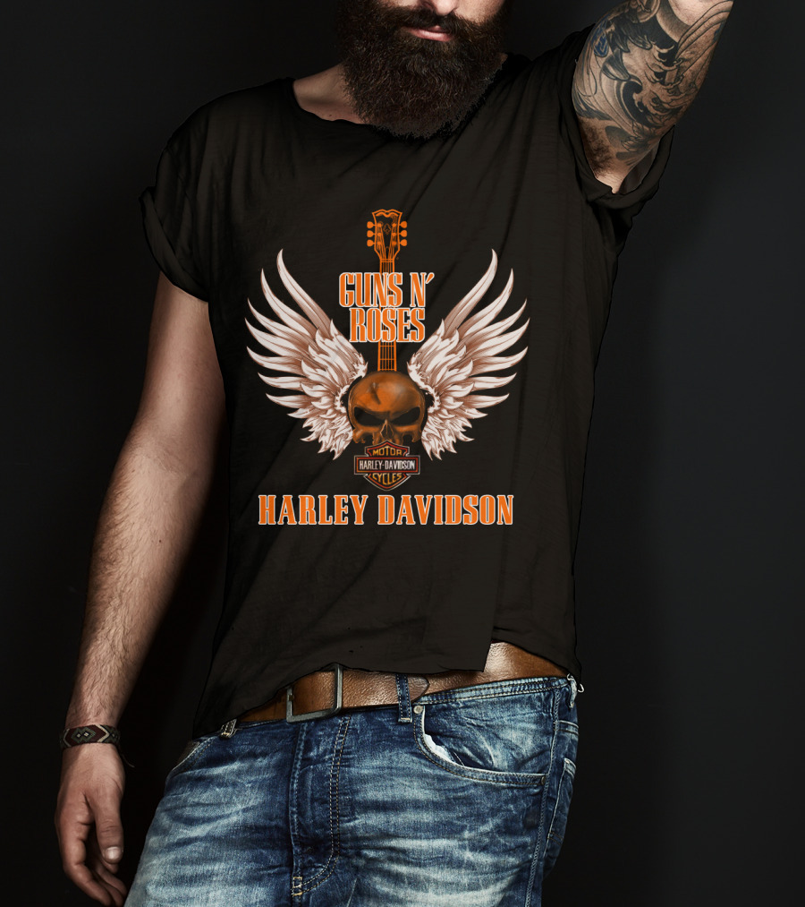 Guns N' Roses Harley Davidson Motor Cycles Winged Skull Guitar T-Shirt