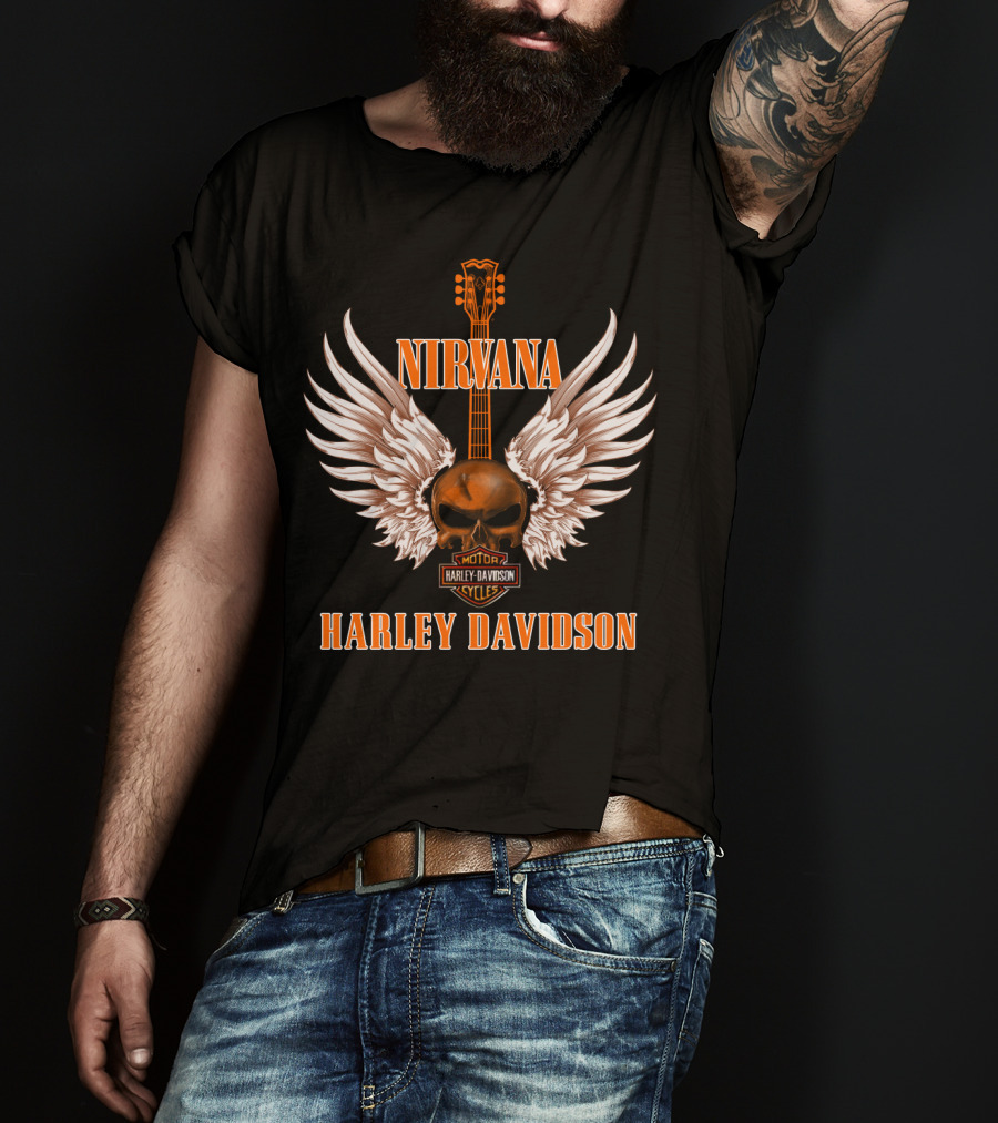 Nirvana Harley Davidson Skull Wing Guitar T-Shirt