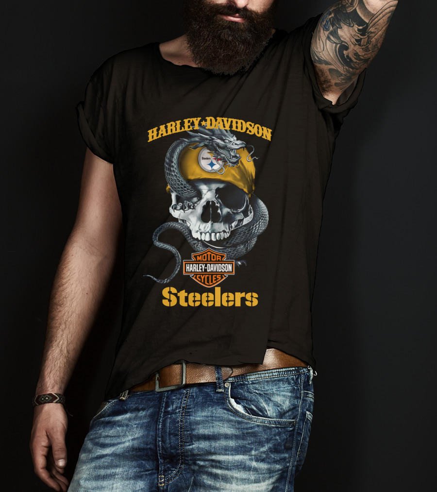 Harley Davidson Steelers Skull With Snake And Helmet T-Shirt