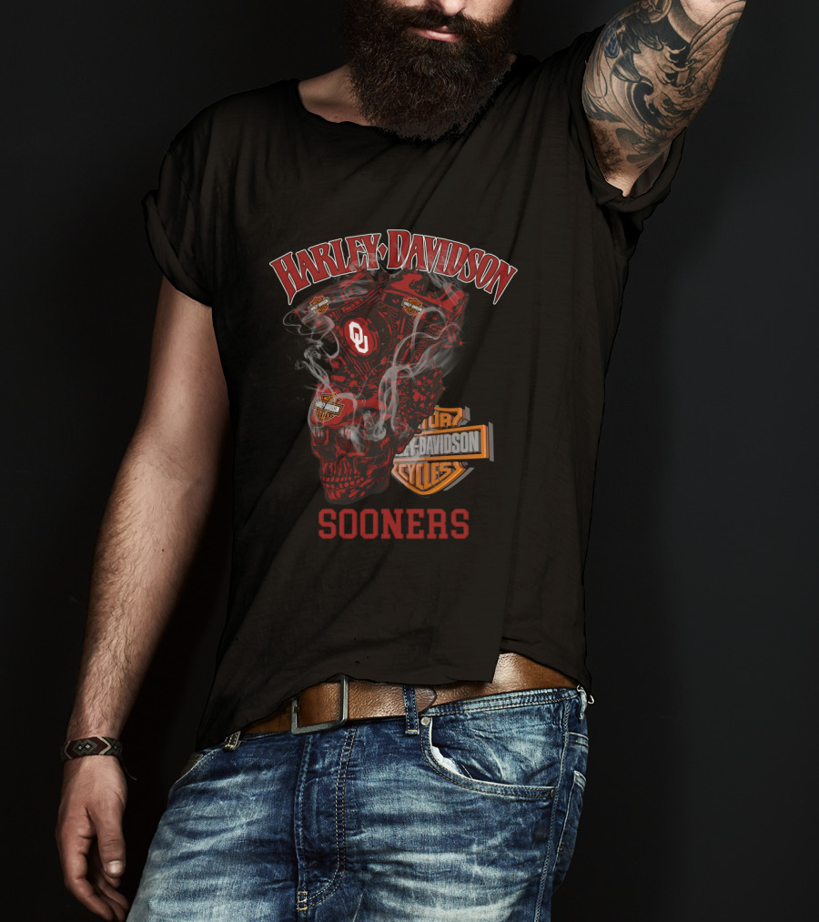 Harley Davidson Sooners Oklahoma Ou Motorcycle Engine Skull T-Shirt