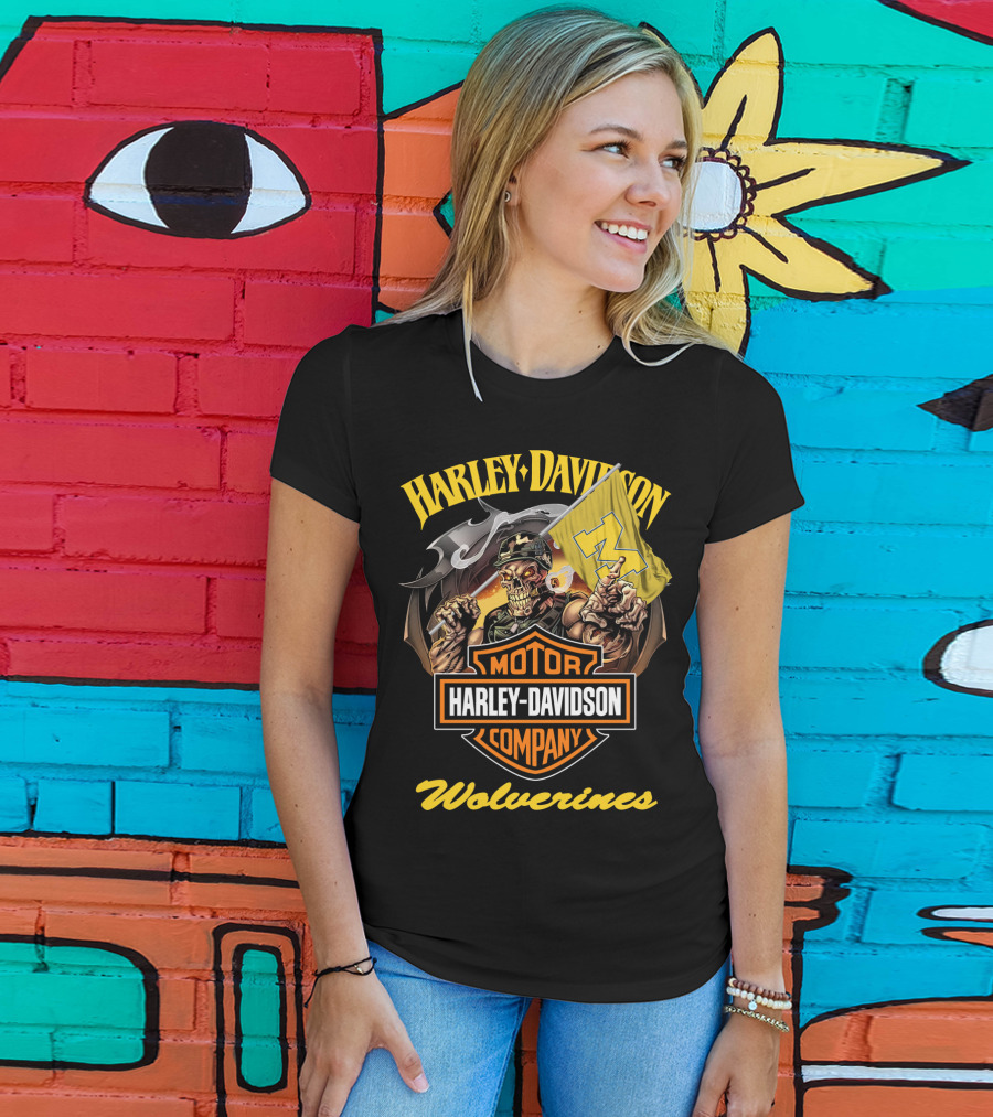 Harley Davidson Motor Company Michigan Wolverines 69 Flag Skeleton T-Shirt