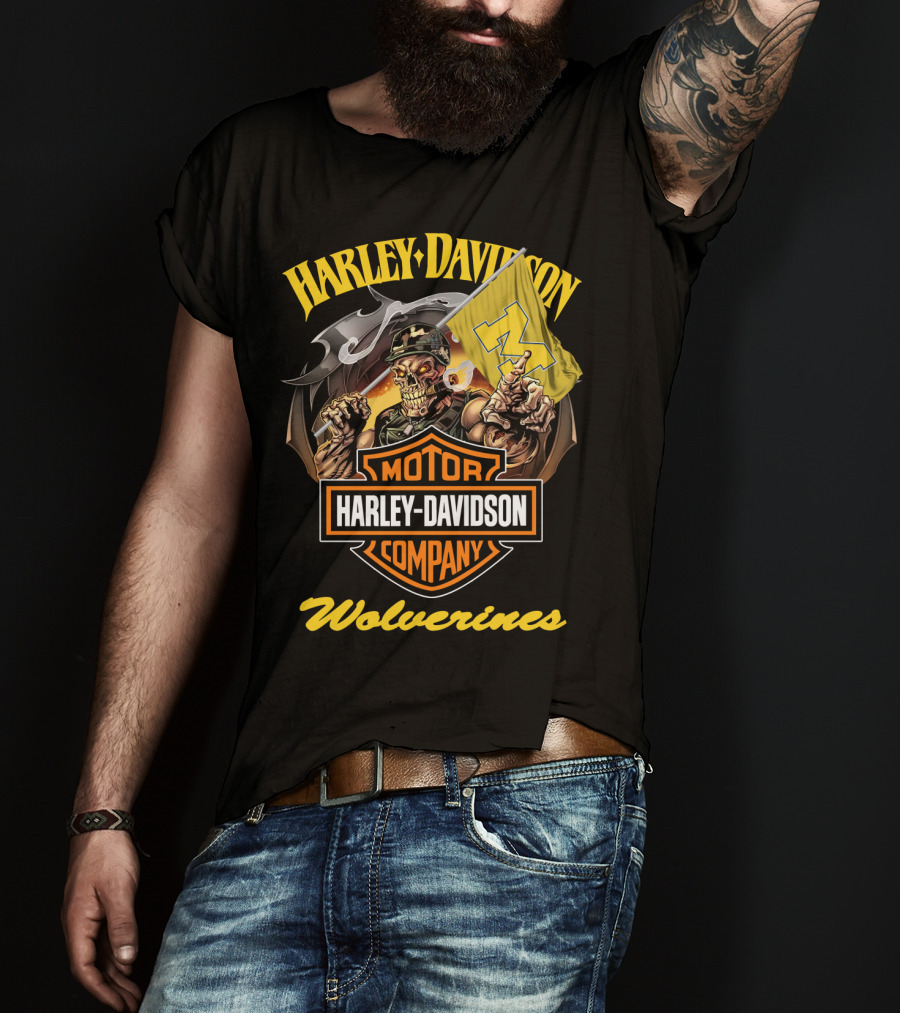Harley Davidson Motor Company Michigan Wolverines 69 Flag Skeleton T-Shirt