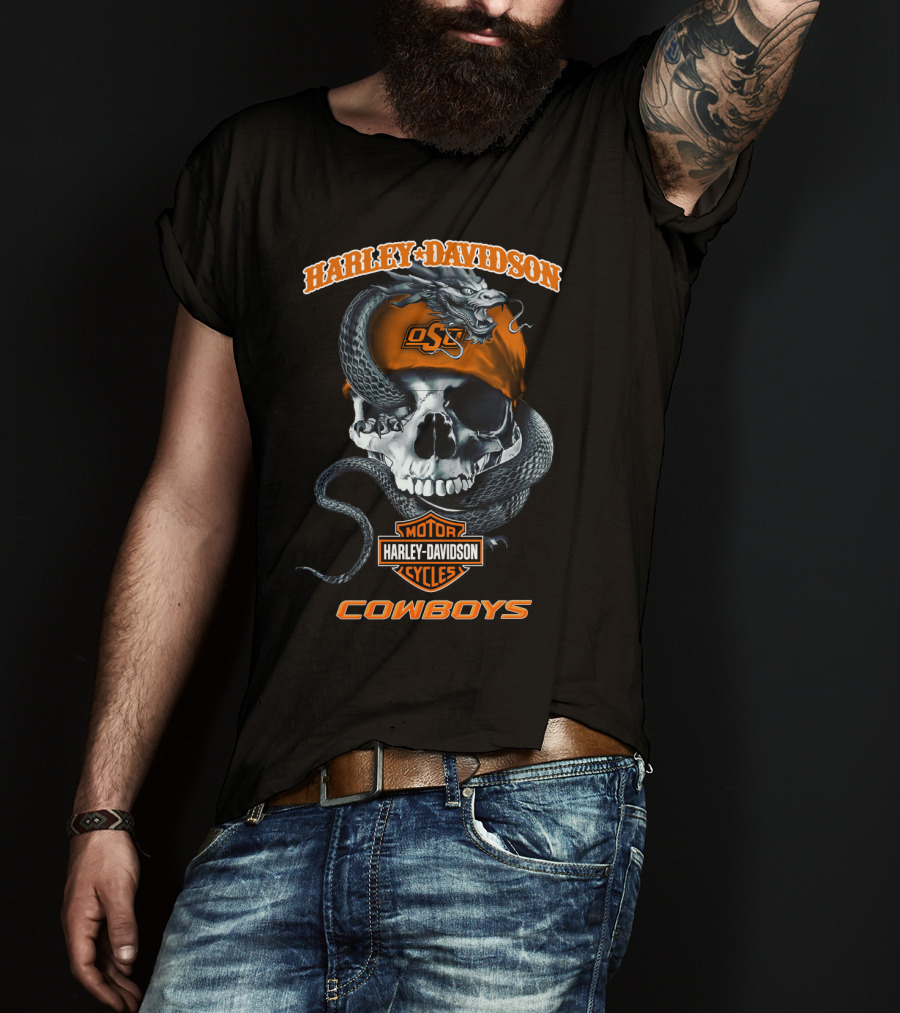 Harley Davidson Motor Cycles Osu Skull Cowboy Oklahoma State Cowboys T-Shirt