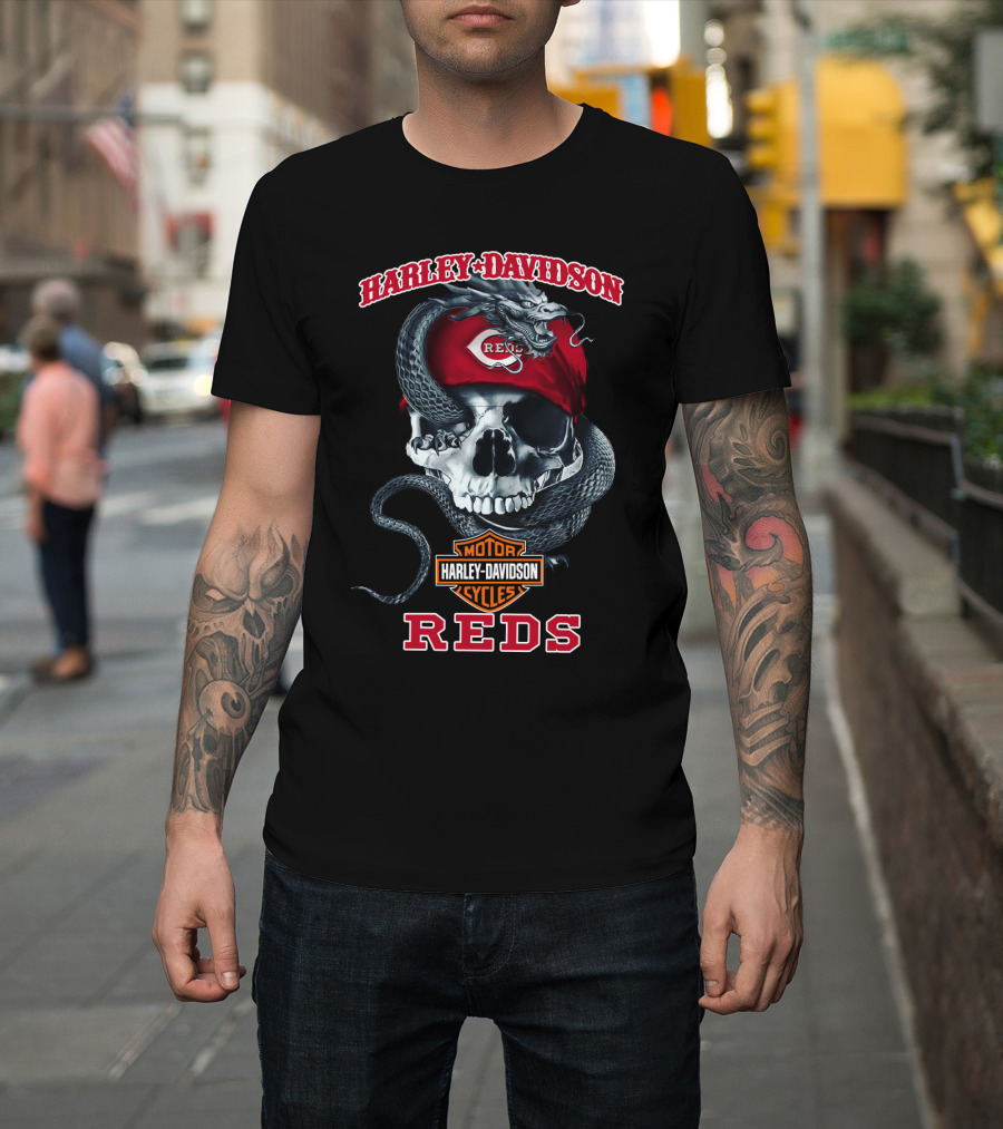 Harley Davidson Motorcycle Cycles Cincinnati Reds Skull And Snake T-Shirt