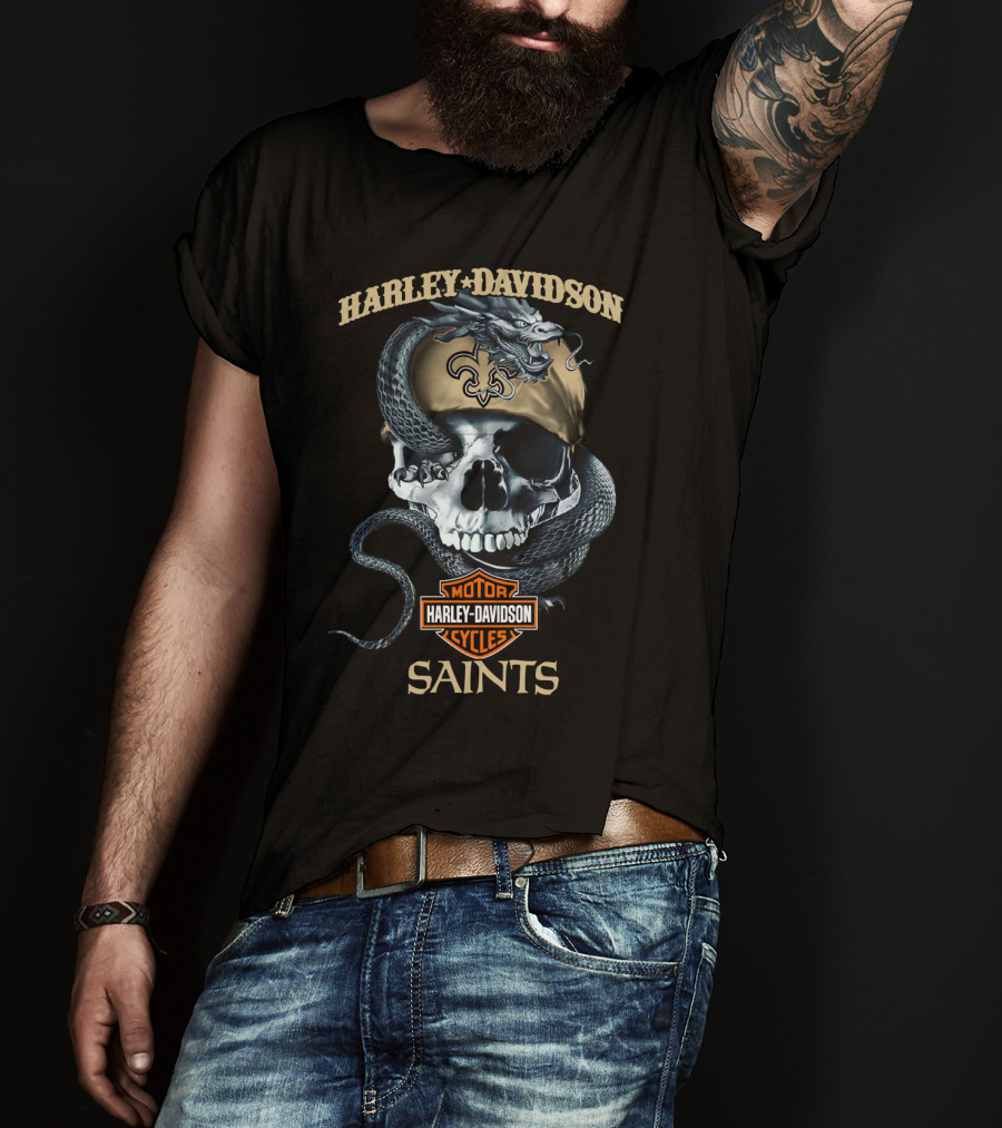 Harley Davidson Motor Cycles Skull Snake New Orleans Saints T-Shirt