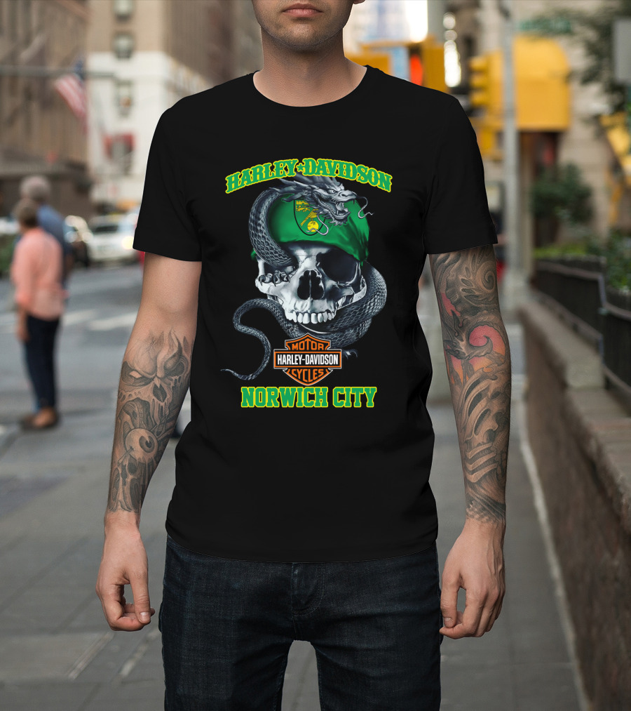 Harley Davidson Motor Cycles Skull Snake Norwich City T-Shirt