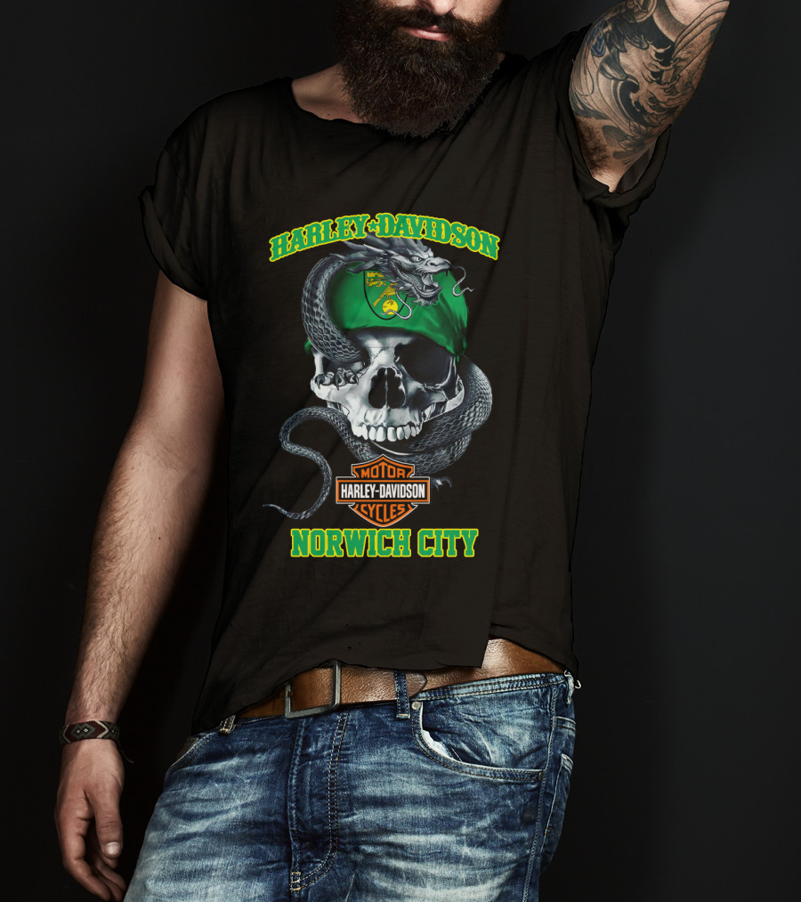 Harley Davidson Motor Cycles Skull Snake Norwich City T-Shirt