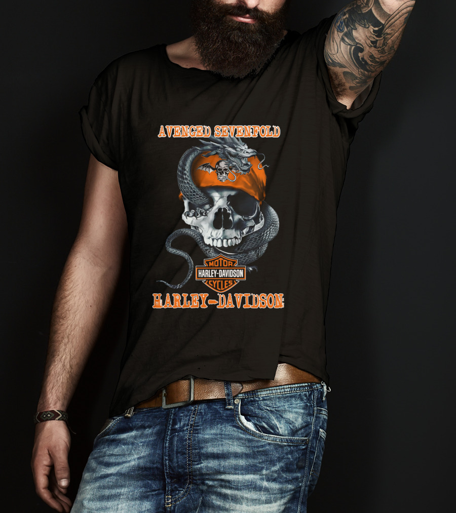 Avenged Sevenfold Harley Davidson Skull With Dragon And Bandana T-Shirt