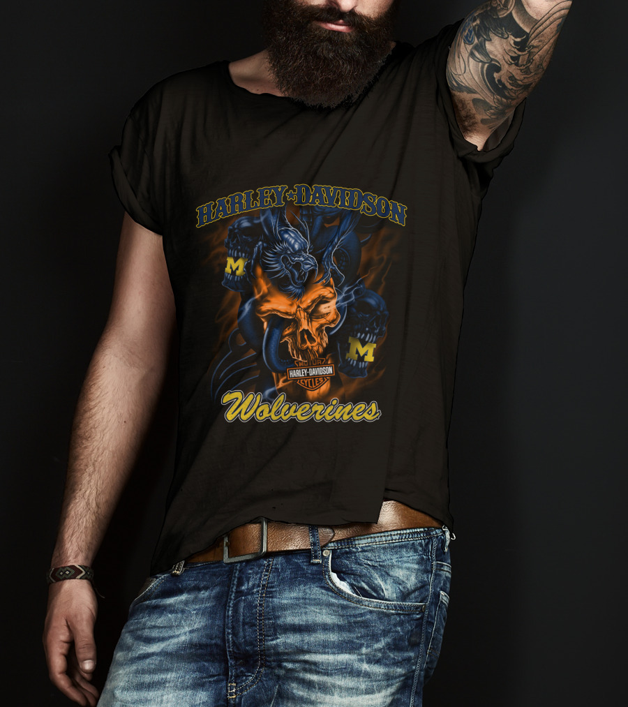 Harley Davidson Cycles Wolverines Michigan M Logo Skull T-Shirt