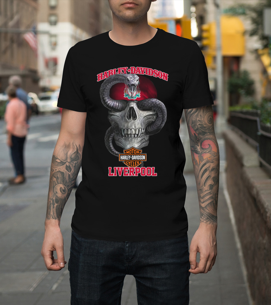 Harley Davidson Motor Cycles Liverpool Skull Serpent Crest Red T-Shirt