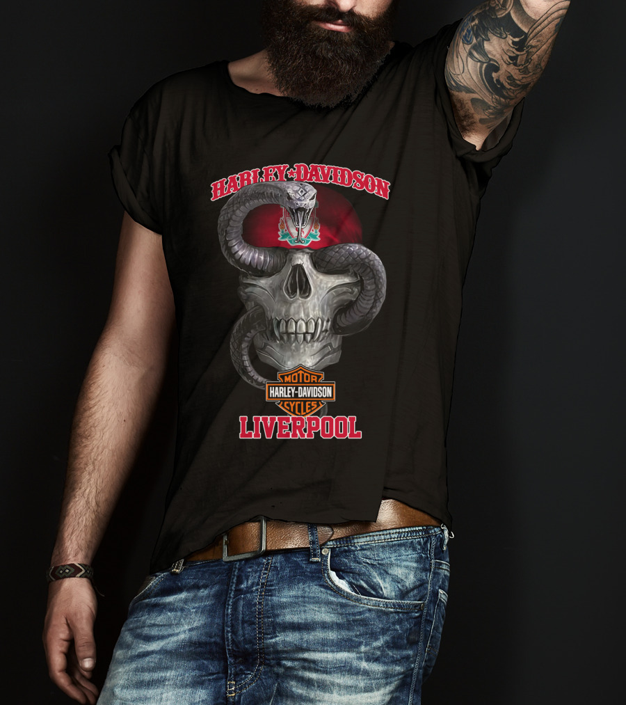 Harley Davidson Motor Cycles Liverpool Skull Serpent Crest Red T-Shirt