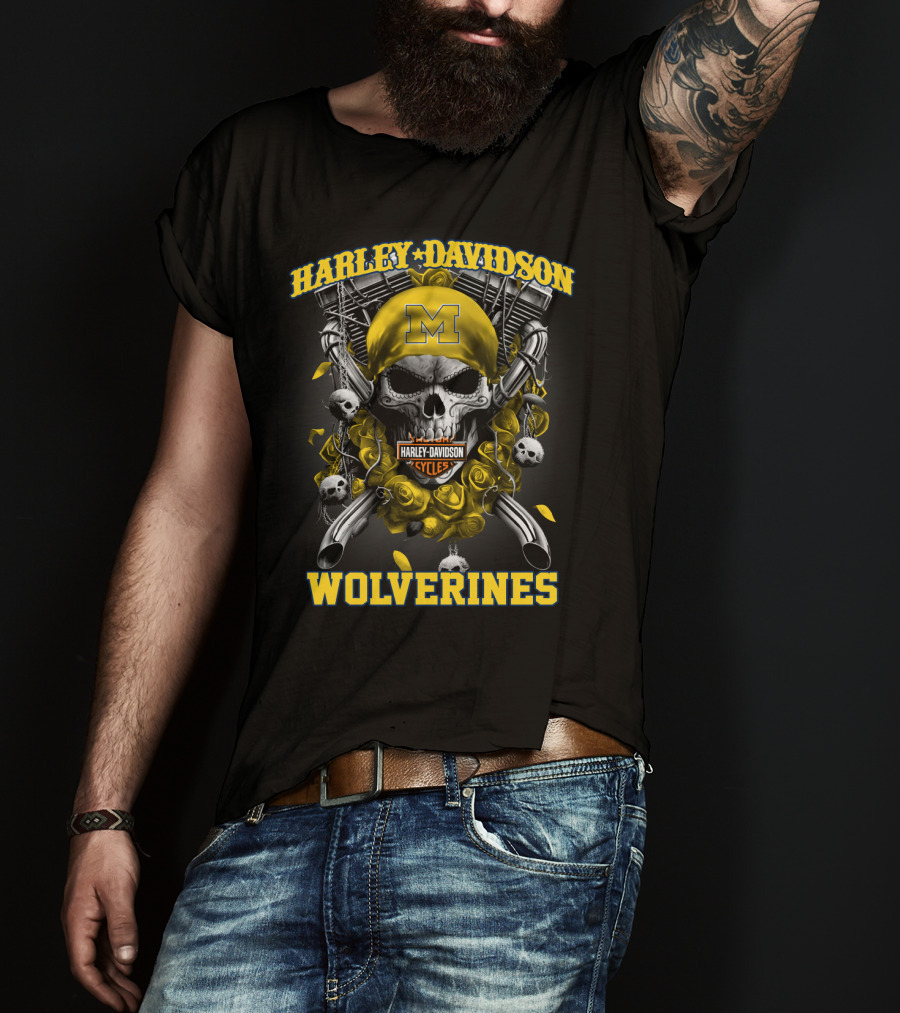 Harley Davidson Michigan Wolverines Skull Rose M Cycles T-Shirt