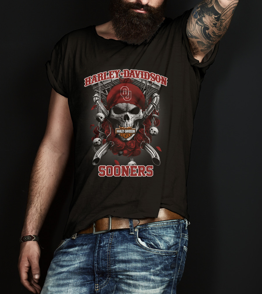 Harley Davidson Cycles Oklahoma Sooners Ou Skull Roses T-Shirt